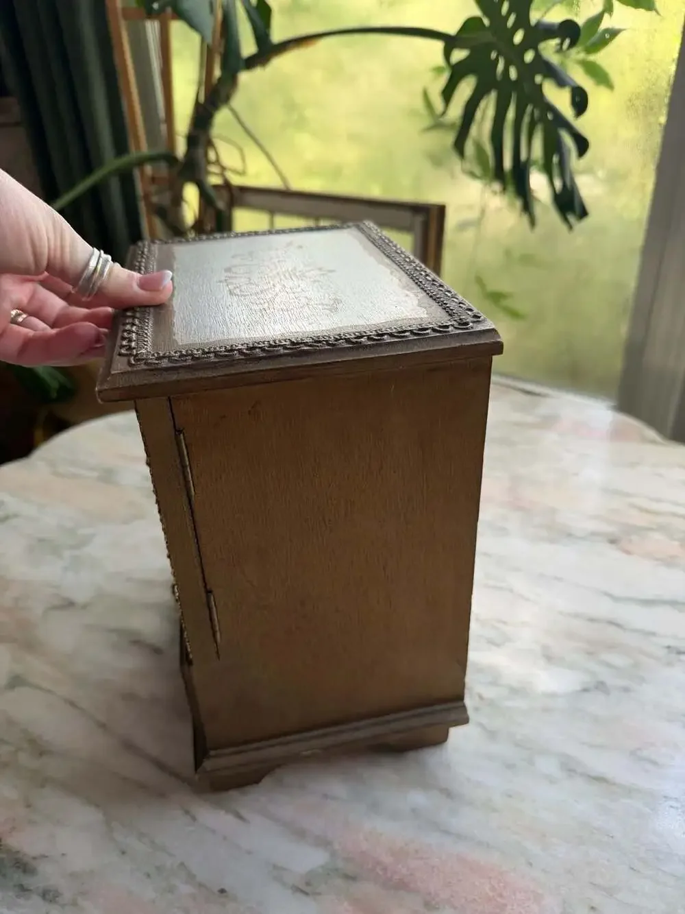 Vintage Florentine Wooden Miniature Armoire Jewelry Box with Romantic Scene Pane